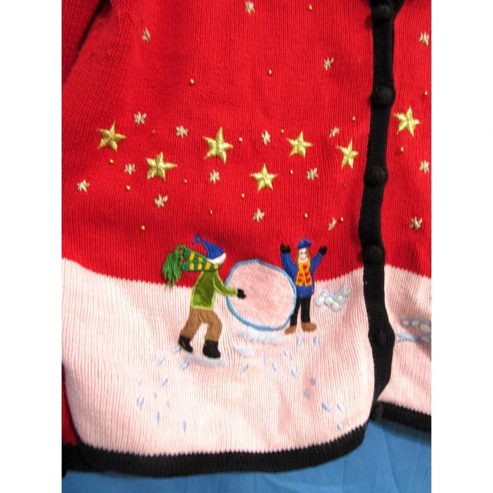 VTG DESIGNERS ORIGINALS Red Cardigan SNOW DAY KIDS PLAY Christmas Sweater S